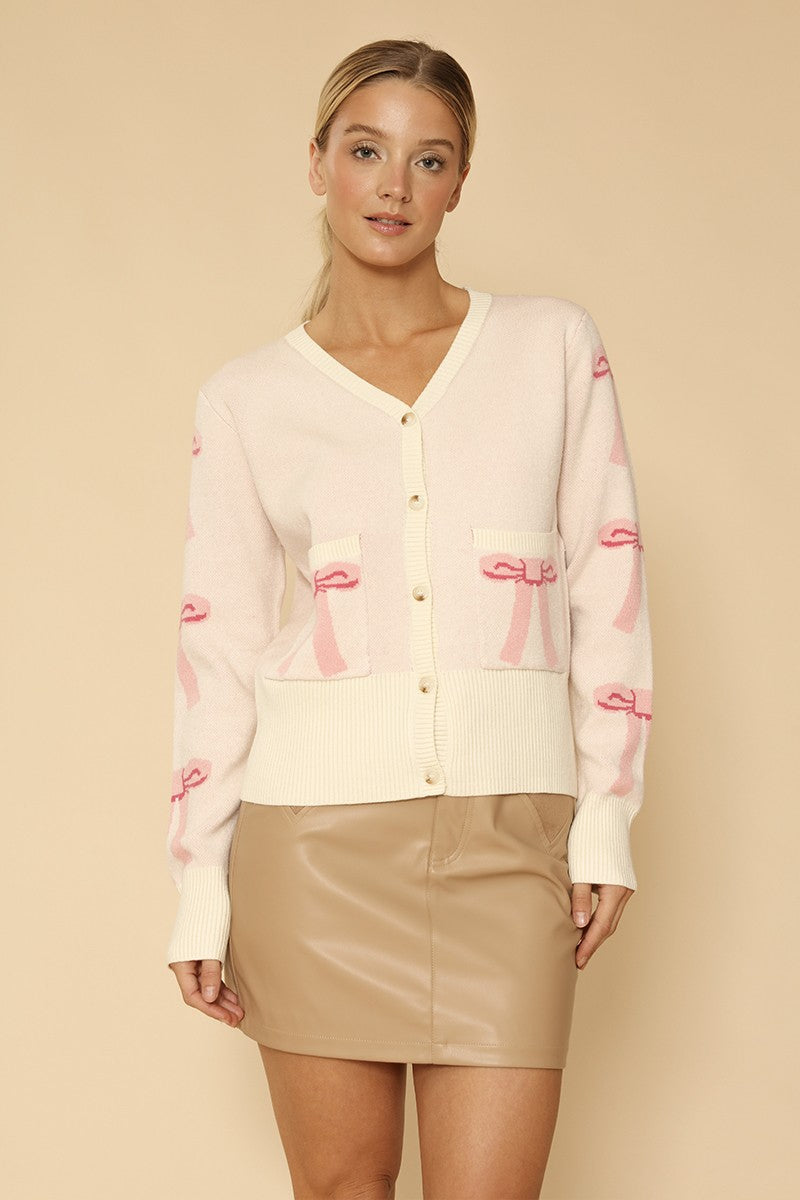 Cropped knit bow cardigan with pockets Miss Sparkling