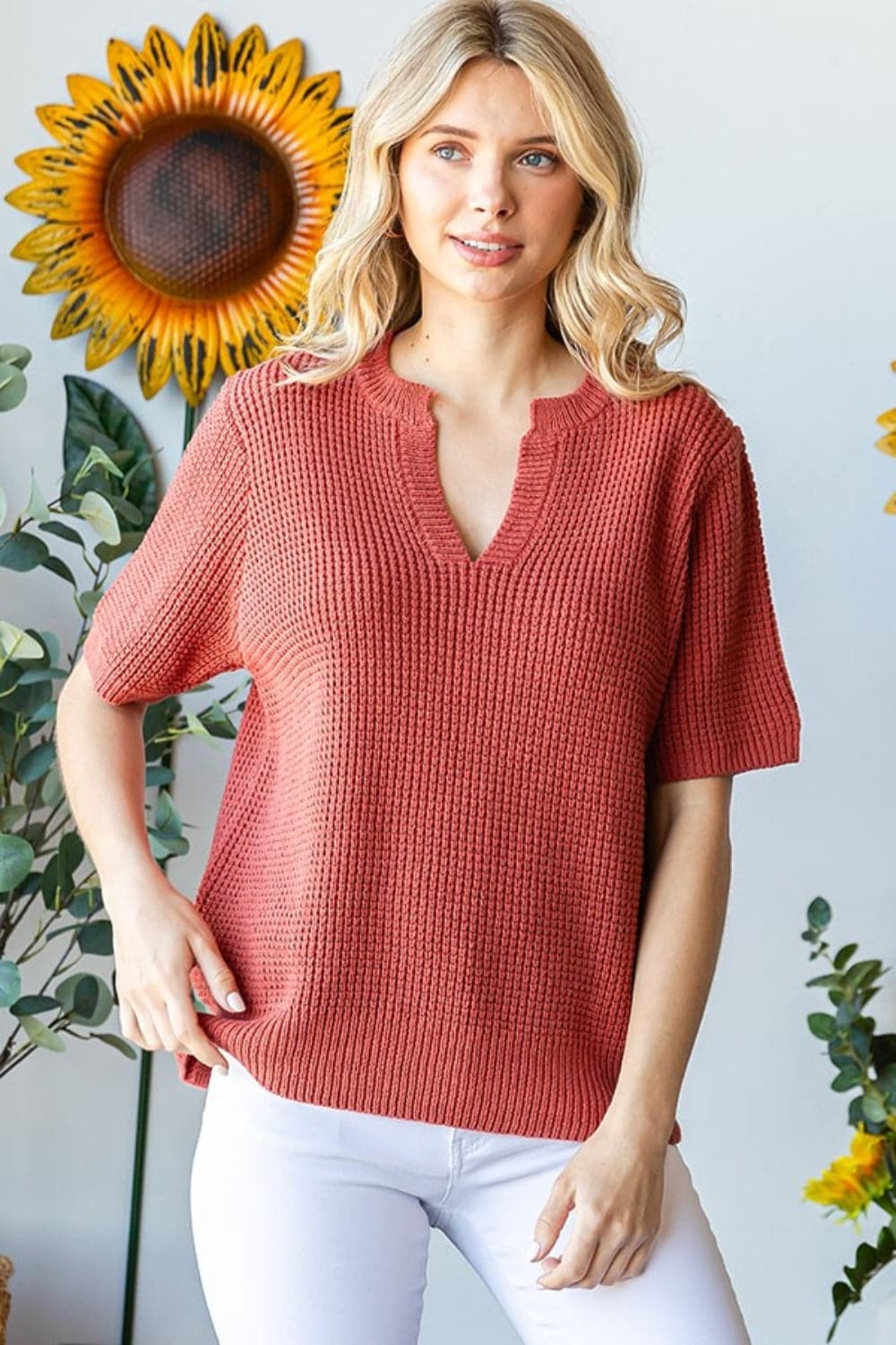 First Love Notched Short Sleeve Knit Top.