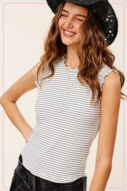 Brushed Stripe Ruffle Sleeve Top