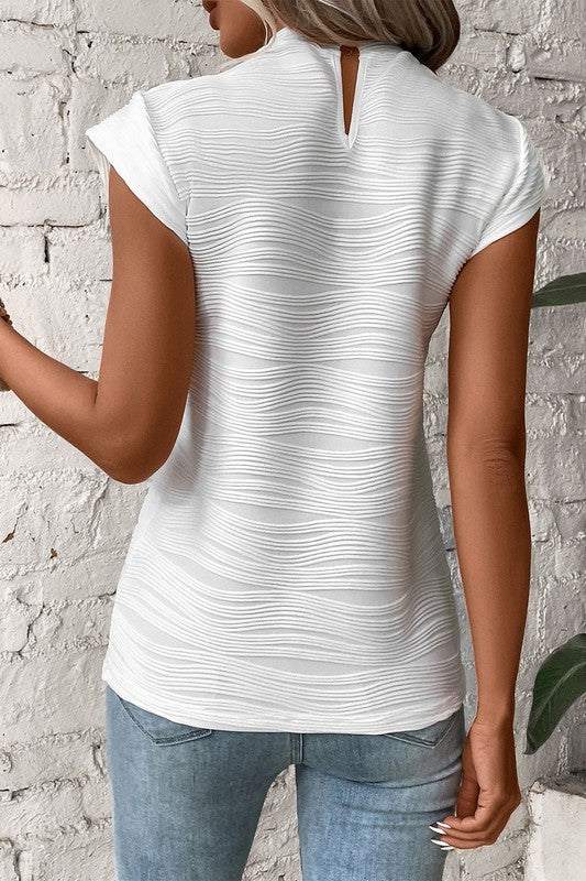 Wavy Textured Mock Neck Cap Sleeve Top Coco’s Tee Boutique