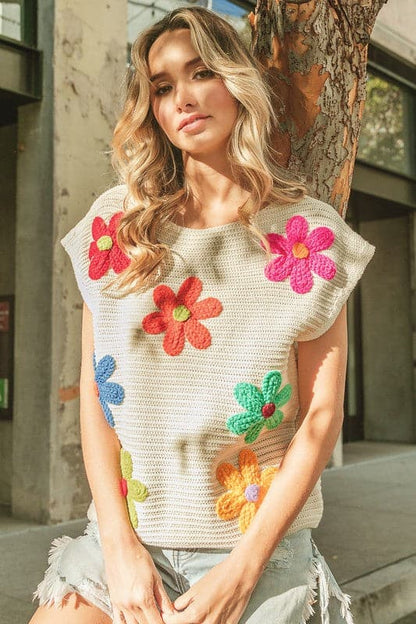 Crochet Flower Embroidery Knit Top.