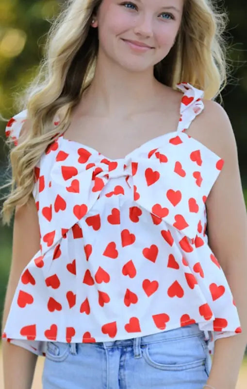 Heart Print Bow V Neck Camisole Top For Summer Outings Miss Sparkling