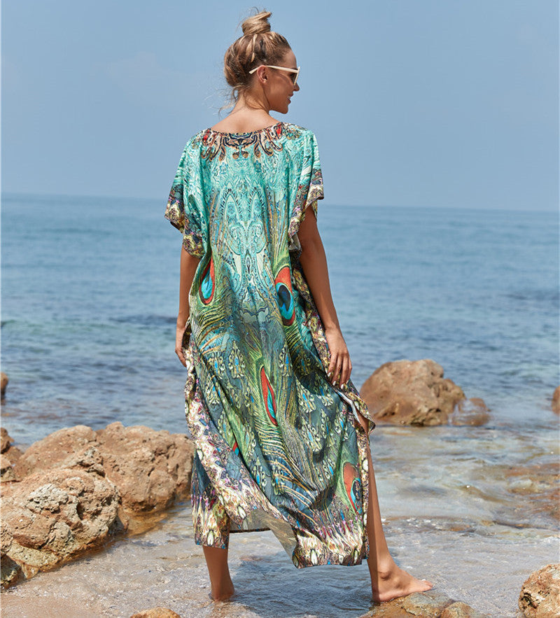 Polyester Feather Print Beach Cover up Sexy Deep V Plunge neck Vacation Sun Protection Shirt Dress Beach Cover Up Bella Mia