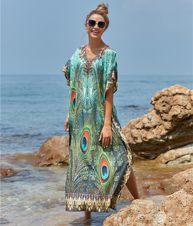Polyester Feather Print Beach Cover up Sexy Deep V Plunge neck Vacation Sun Protection Shirt Dress Beach Cover Up Bella Mia