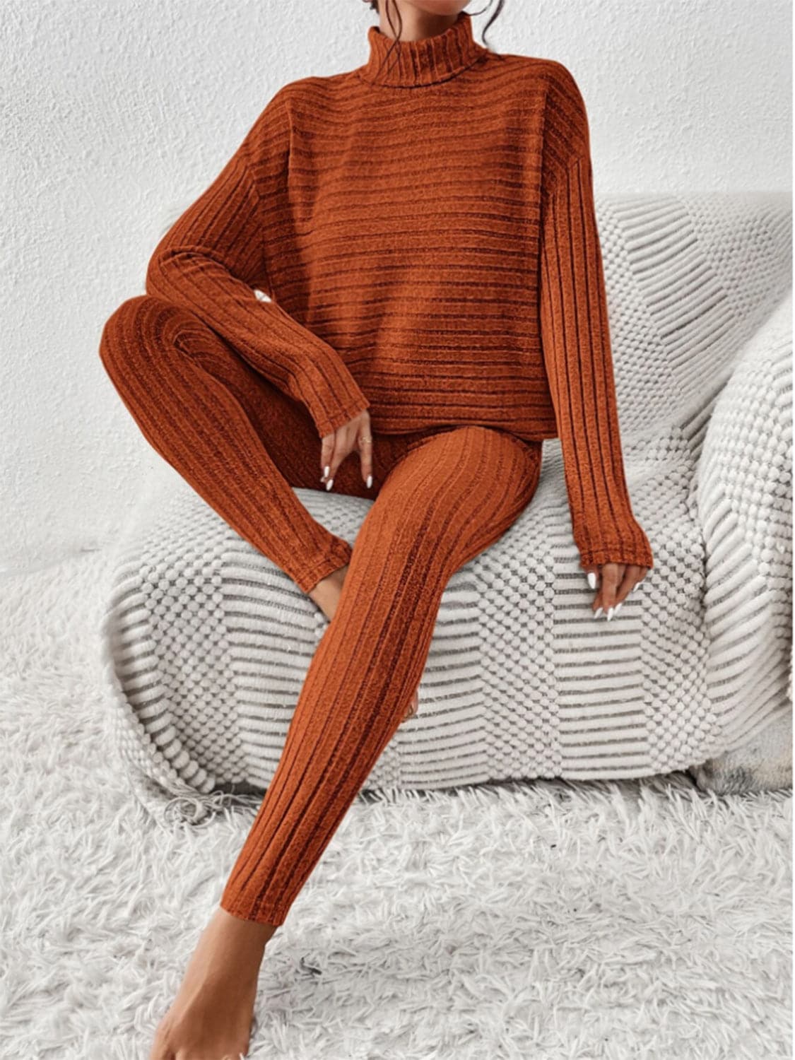 Ribbed Turtleneck Top and Pants Set.