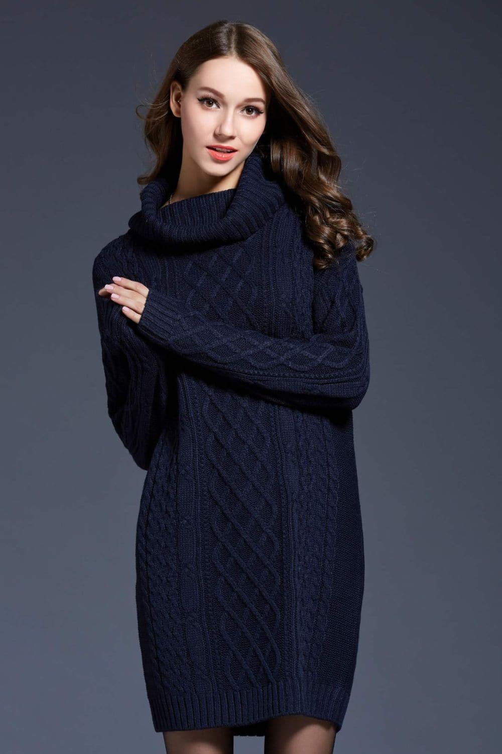 Woven Right Full Size Mixed Knit Cowl Neck Dropped Shoulder Sweater Dress.