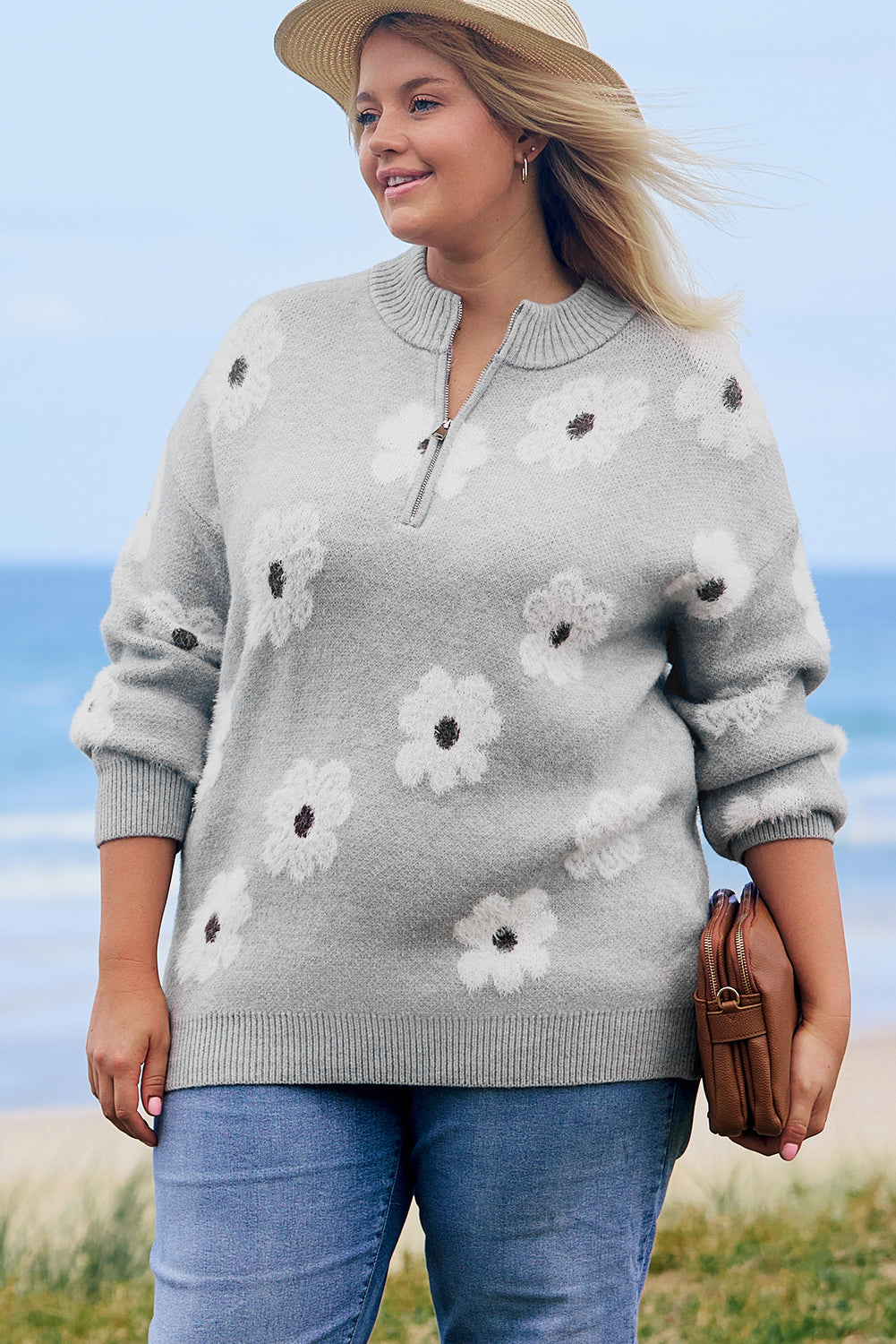 Gray floral embroidered plus size sweater