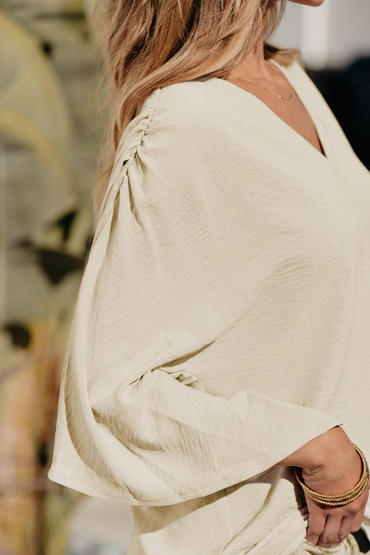 Parchment Solid V Neck Wide Sleeve Crinkled Blouse Coco’s Tee Boutique