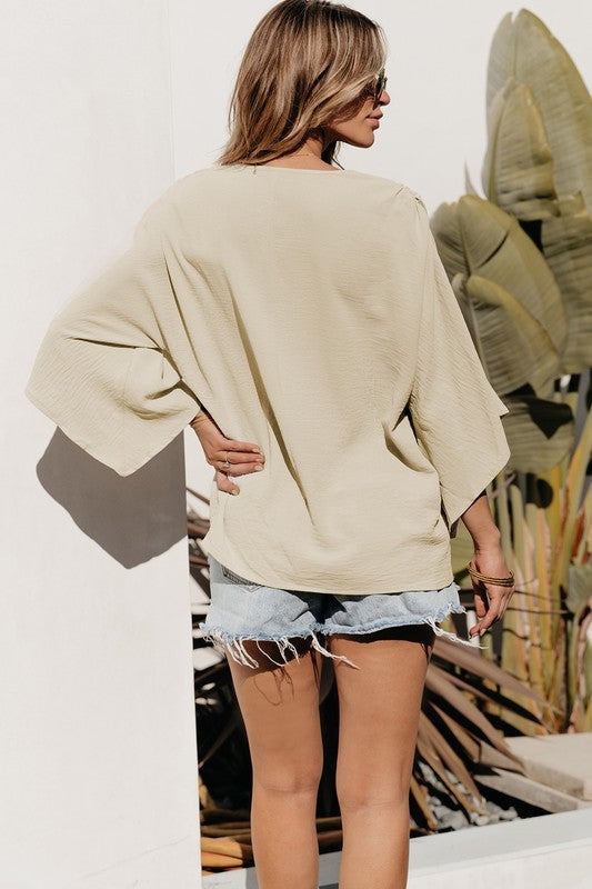 Parchment Solid V Neck Wide Sleeve Crinkled Blouse Coco’s Tee Boutique