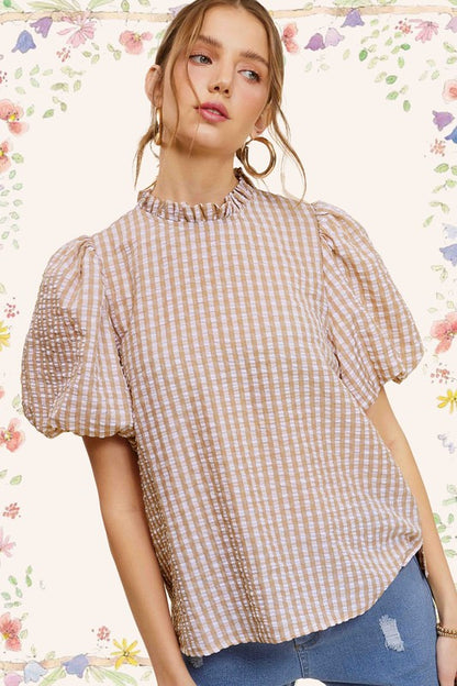 Gingham Check Print Puff Sleeve Top