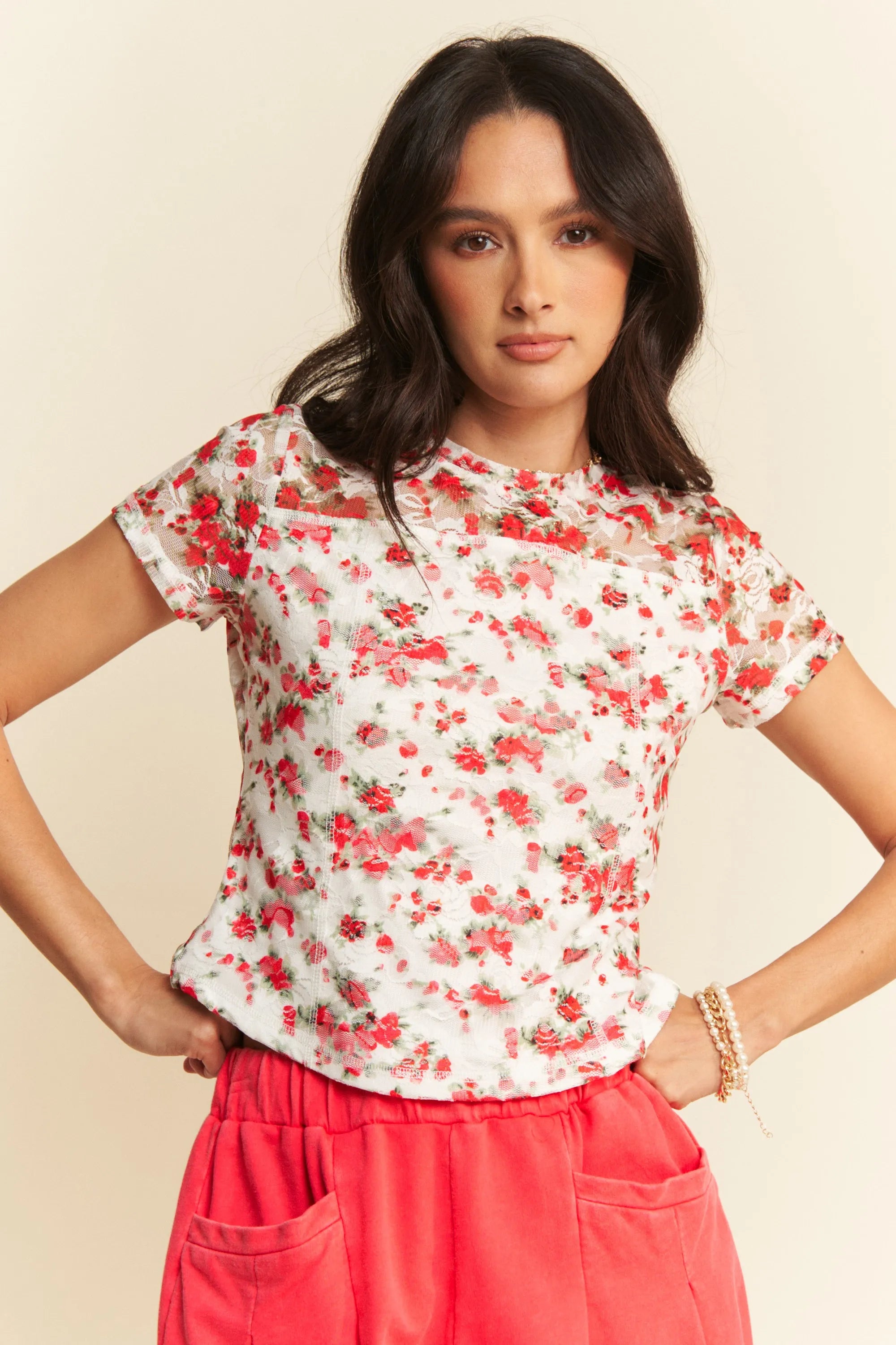 Davi & Dani Ribbon Short Sleeve Layered Mesh Top - Love Salve 