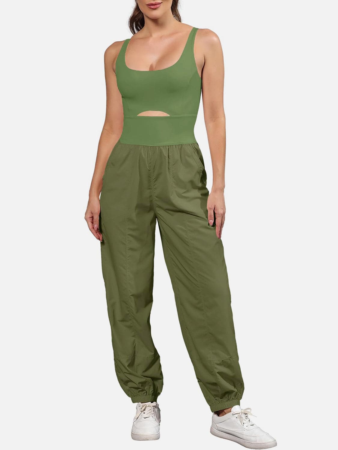 Chic cutout scoop neck jumpsuit with wide straps and pockets