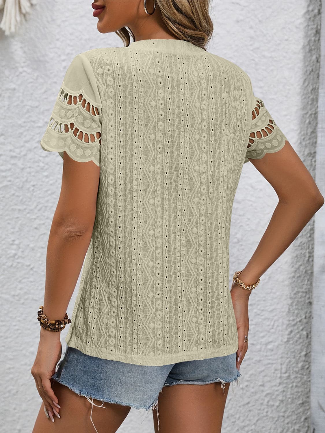 Full Size Eyelet Round Neck Short Sleeve Top.