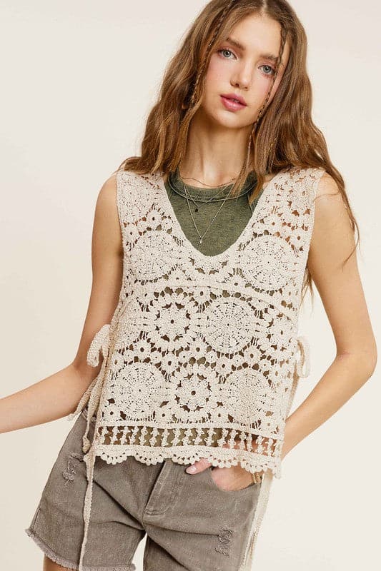 Self Side Tie Detailed Crochet Vest Top.