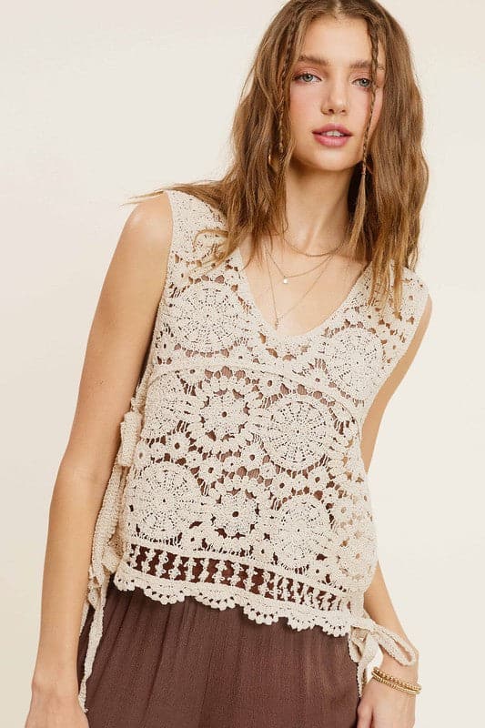 Self Side Tie Detailed Crochet Vest Top.