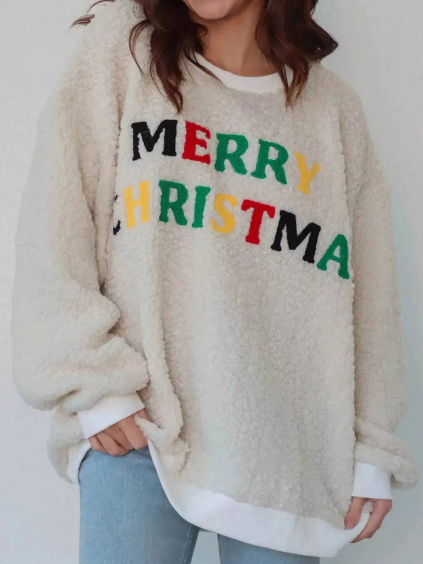 Cozy Sherpa Fleece Christmas Sweatshirt With Colorful Merry Christmas Letters Simply Love