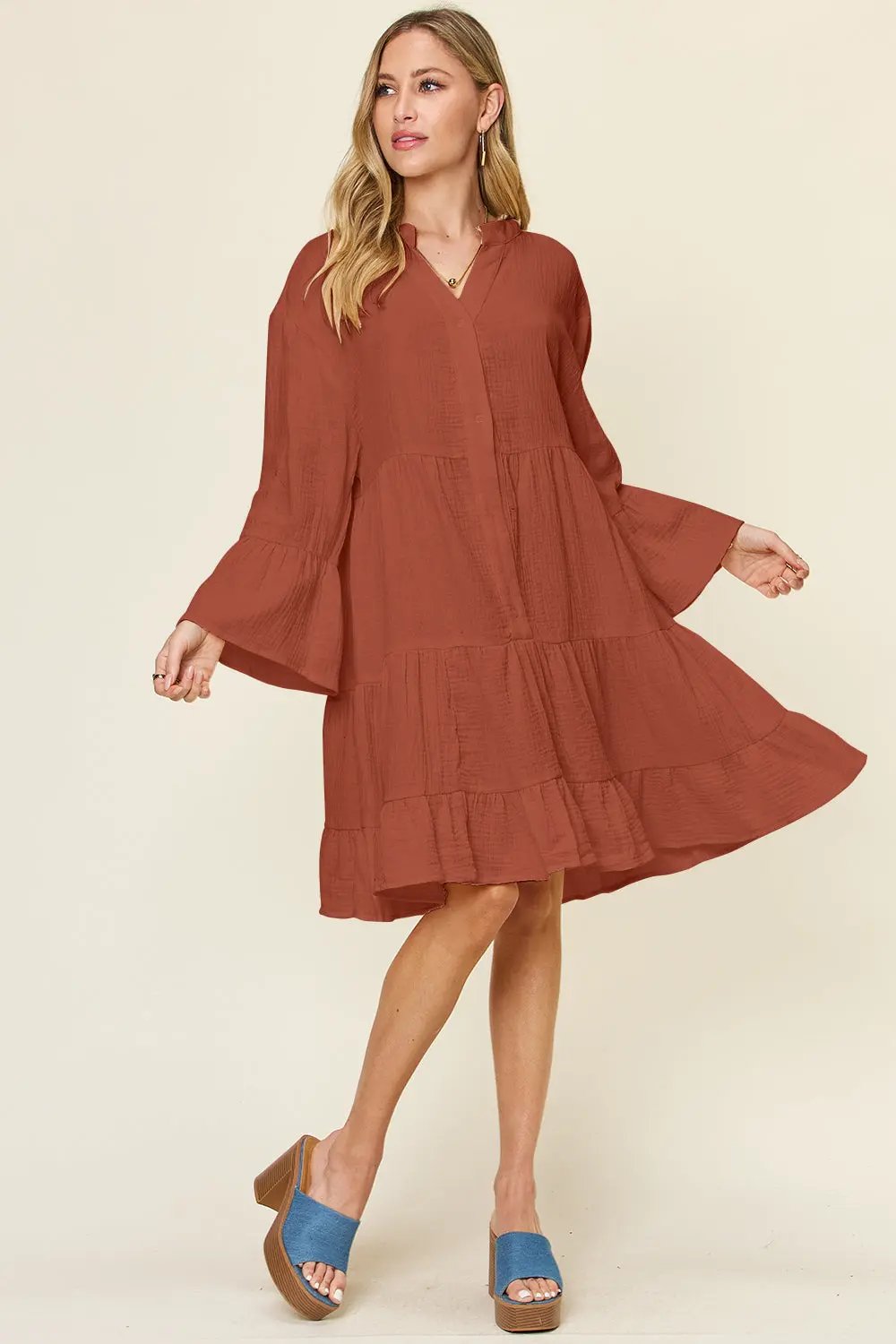 Double Take Full Size Texture Button Up Ruffle Hem Dress - Love Salve