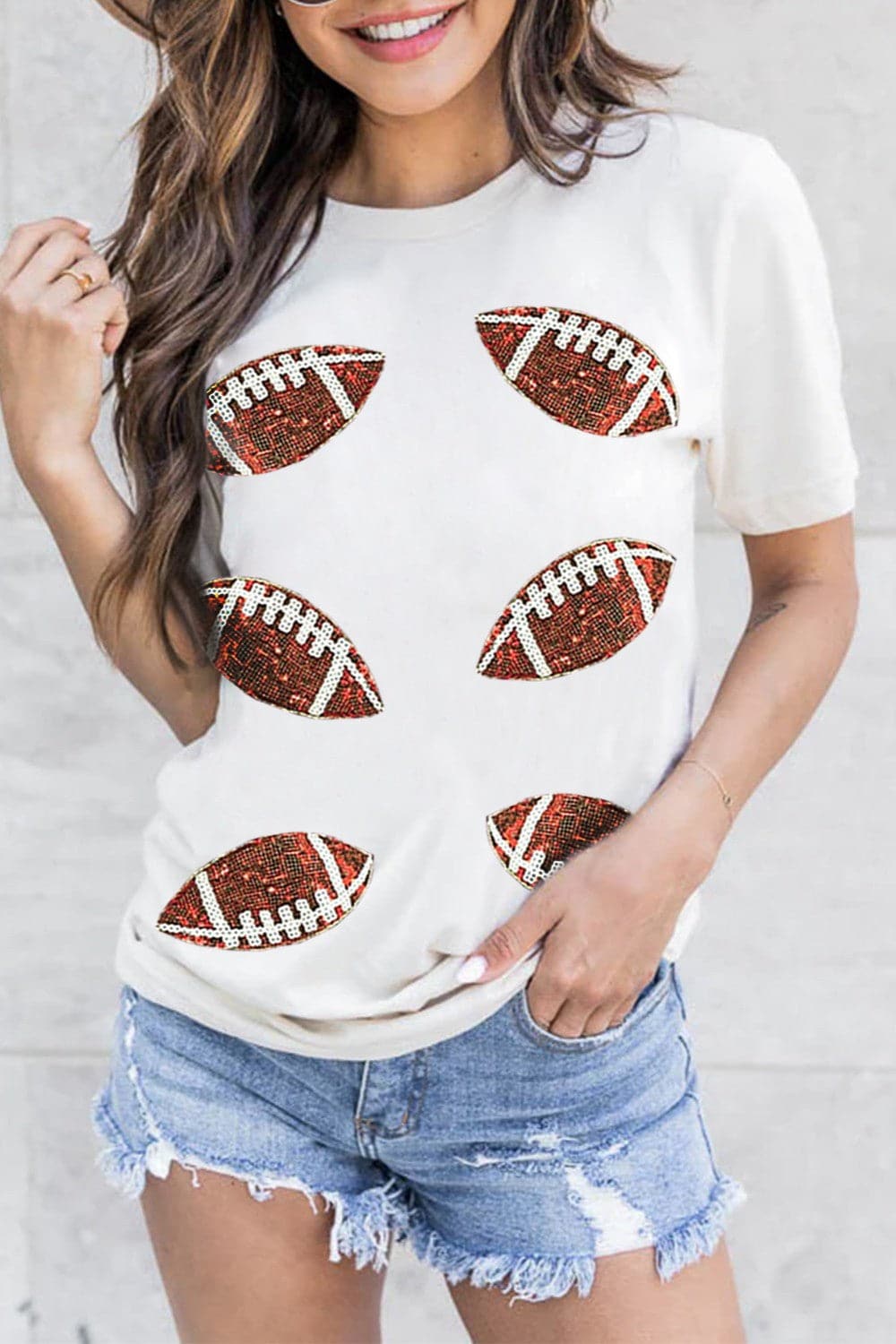 Sequin Football Round Neck Short Sleeve T-Shirt.