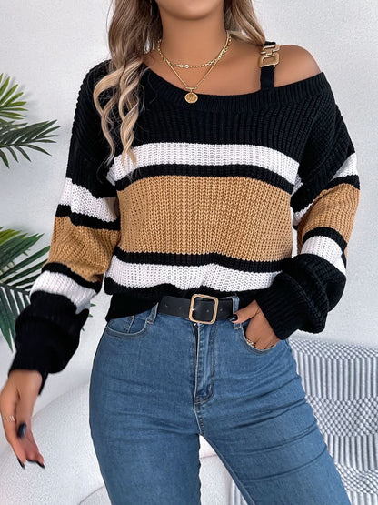 Chic color block asymmetrical neck sweater with long sleeves