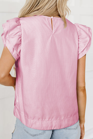 Chic pink pinstripe floral blouse with ruffled flutter sleeves