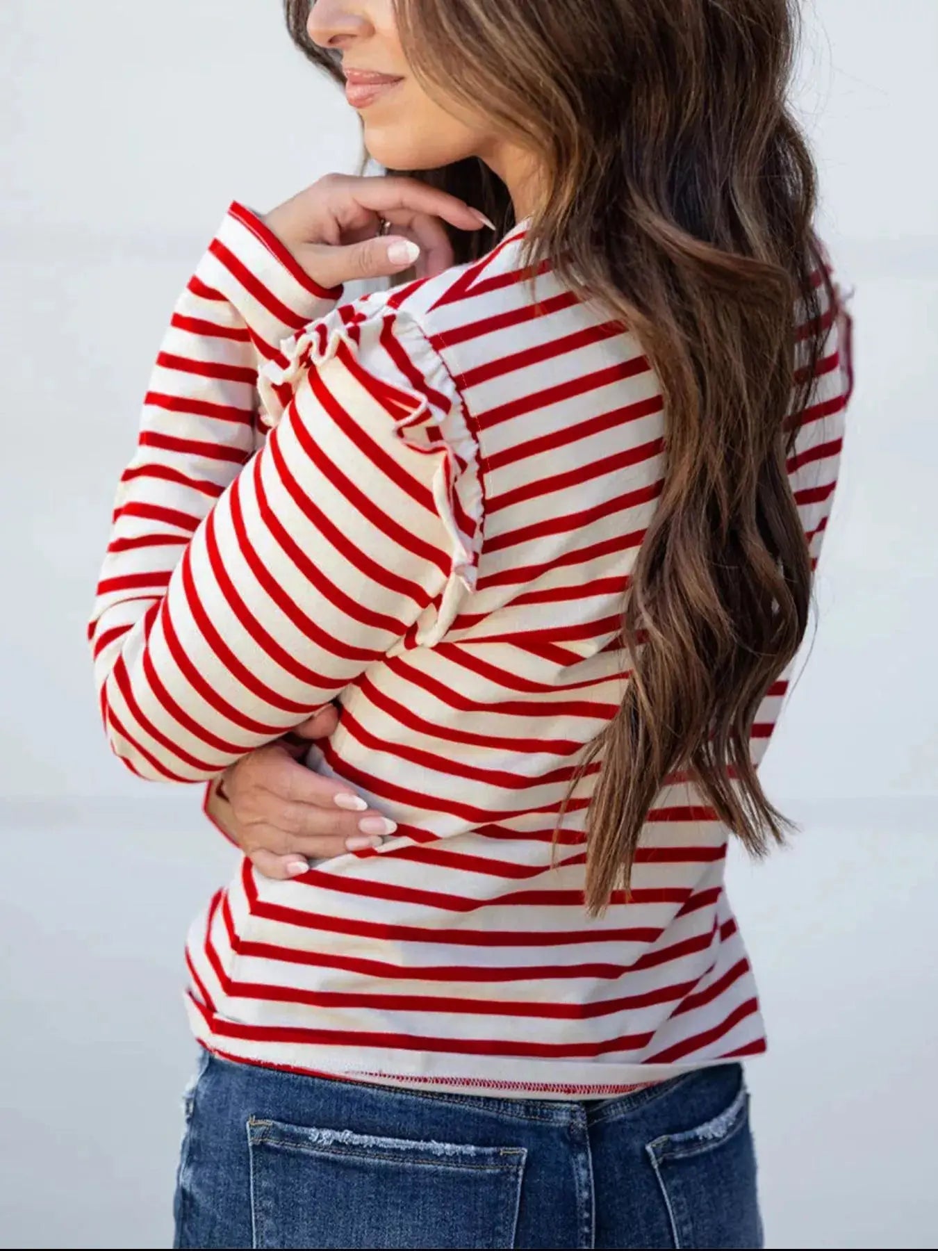 Striped Round Neck Ruffle Trim Long Sleeve Top For Women Simply Love
