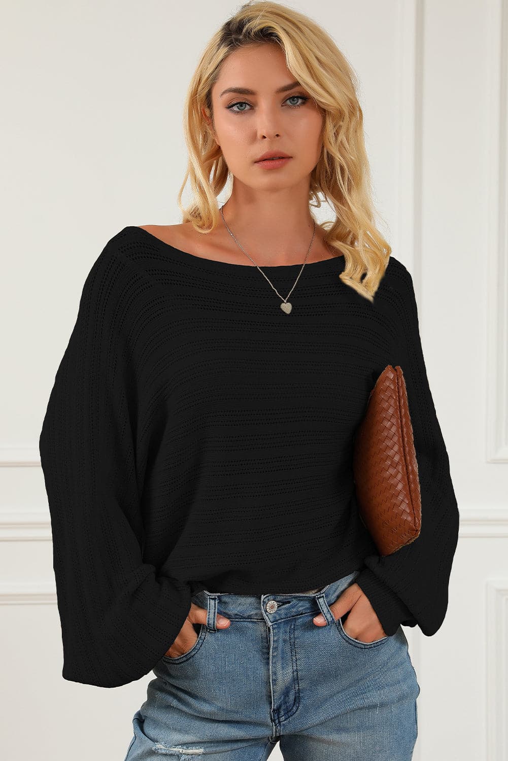 Openwork Boat Neck Lantern Sleeve Sweater.