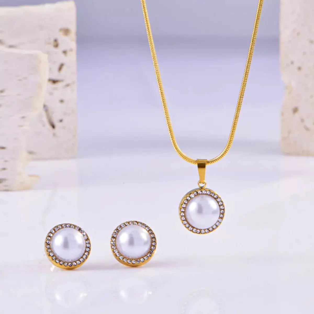 Synthetic Pearl 18K Gold-Plated Rhinestone Necklace and Earrings Jewelry Set Simply Love