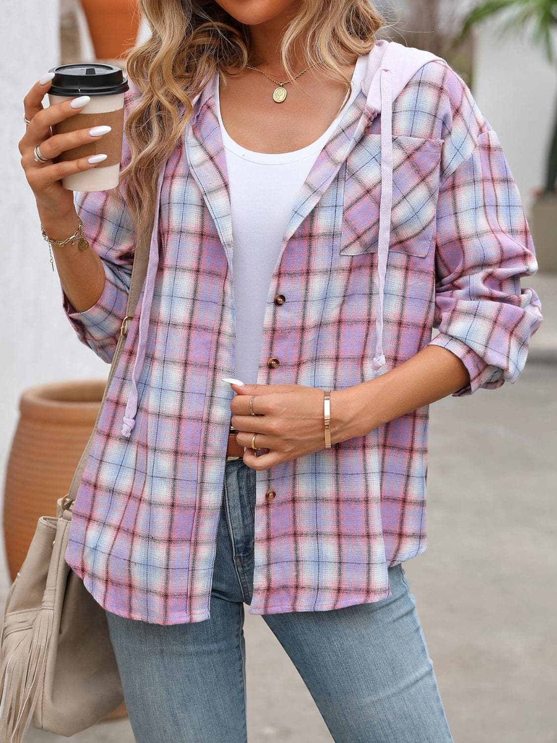 Plaid Long Sleeve Hooded Jacket.