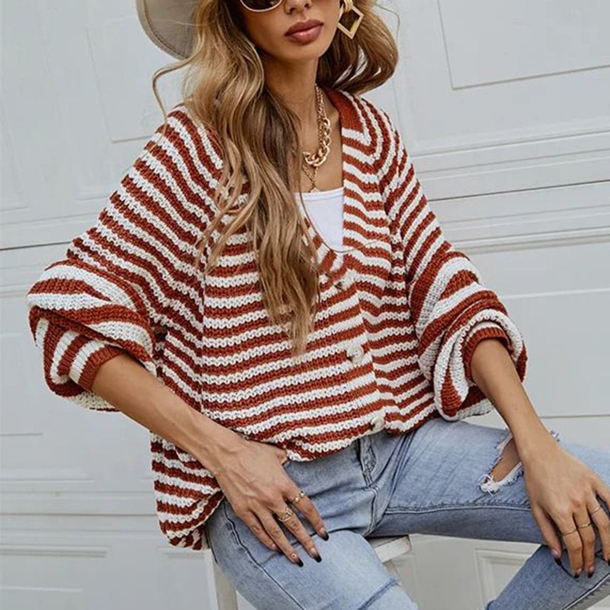 Striped Button Down Long Sleeve Cardigan.