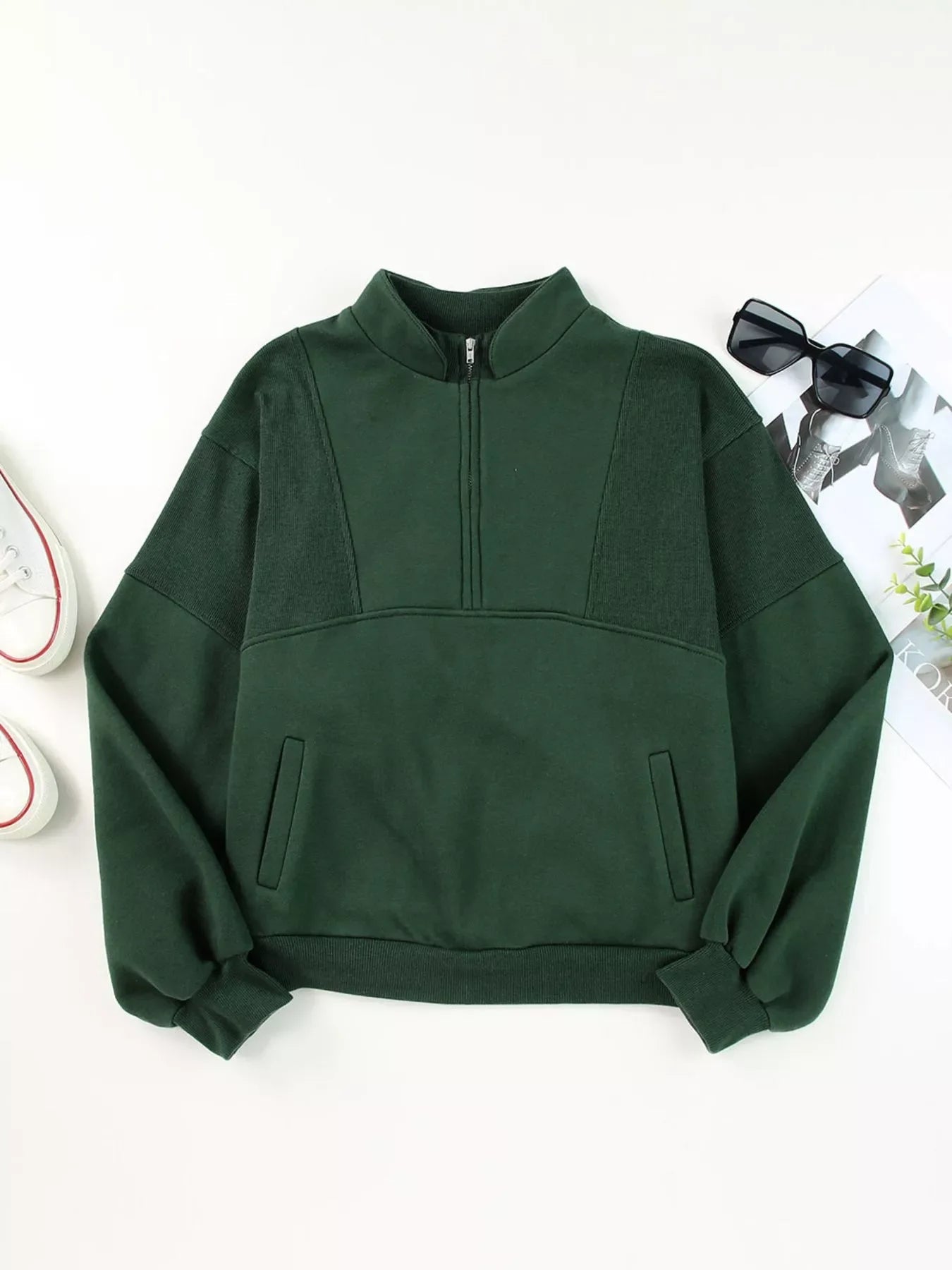 Half Zip Stand Collar Exposed Seam Solid Color Casual Sweatshirt Simply Love
