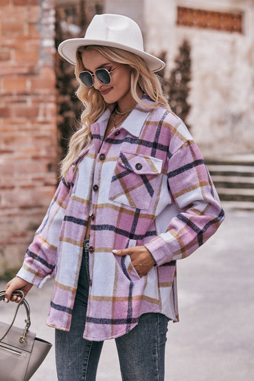 Plaid Long Sleeve Shirt Jacket with Pockets.