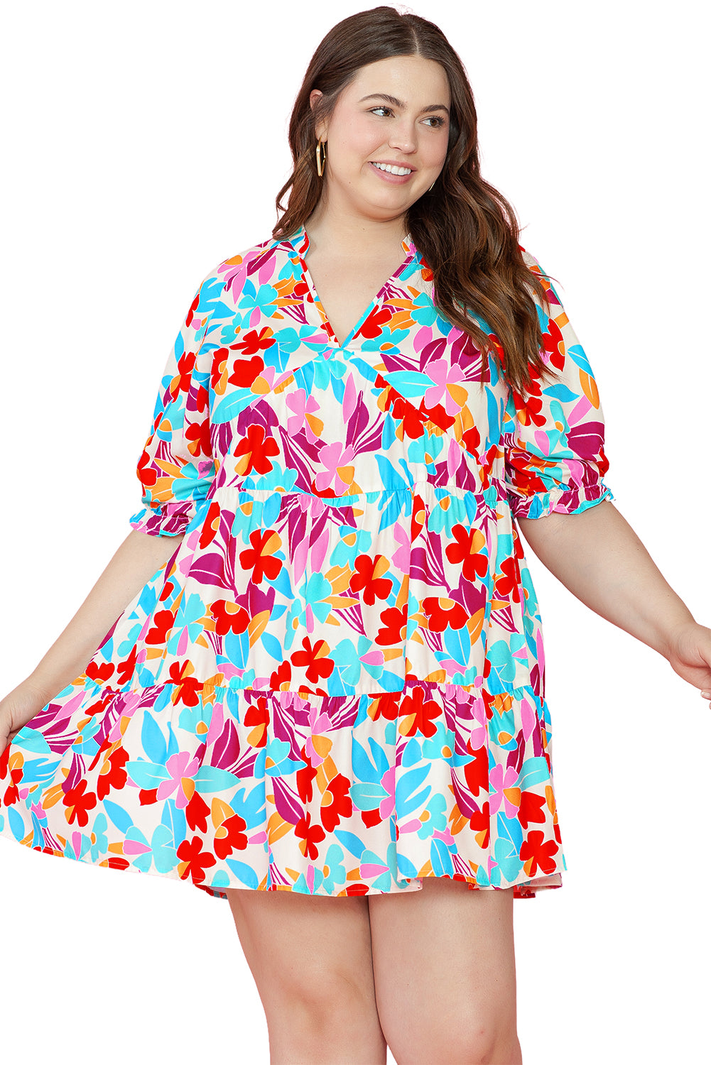 Floral V-neck plus-size tiered dress in vibrant hues