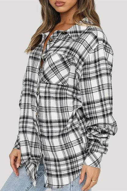 Plaid Collared Neck Long Sleeve Shirt.