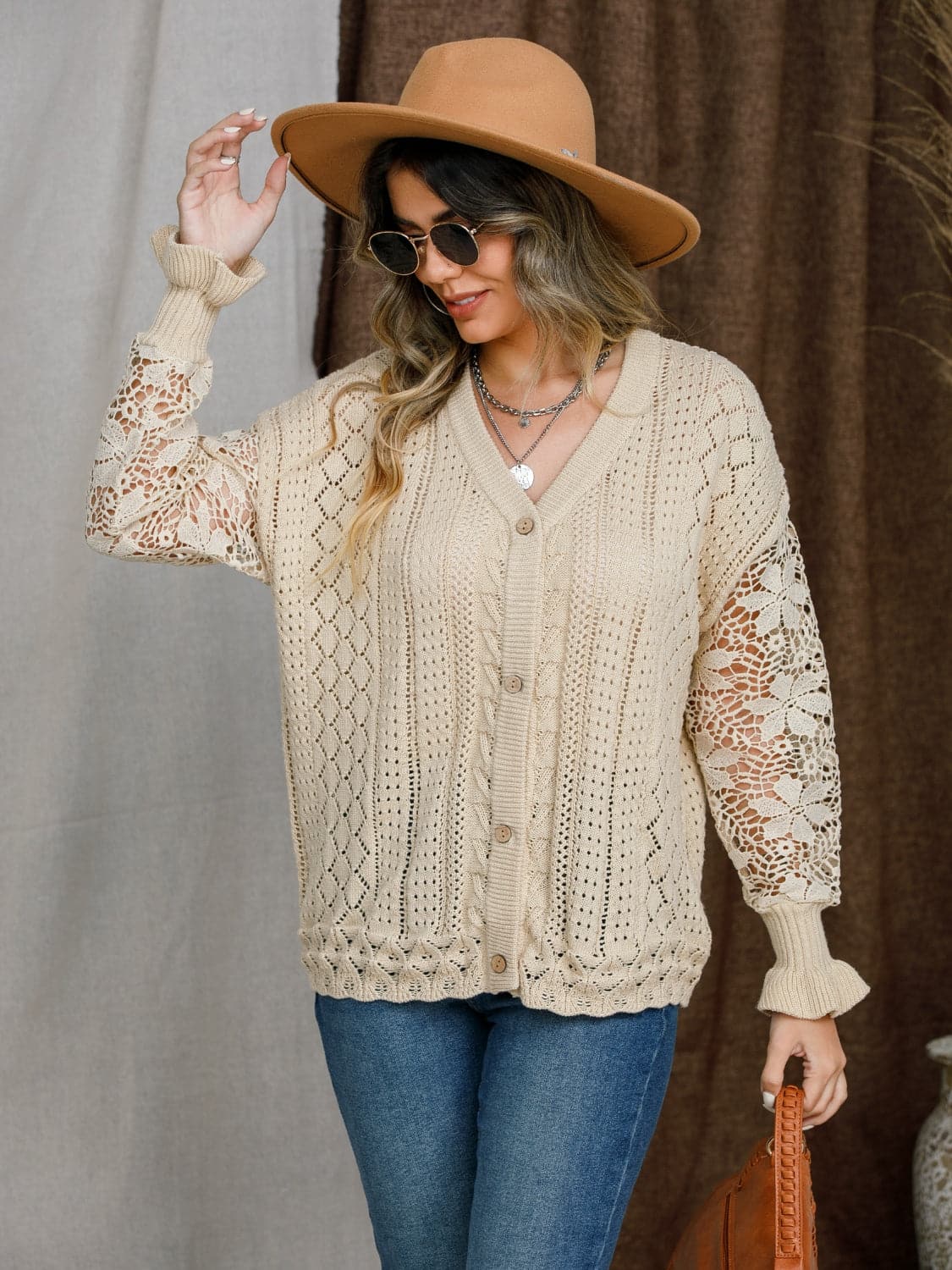 Eyelet Button Up Lantern Sleeve Cardigan.