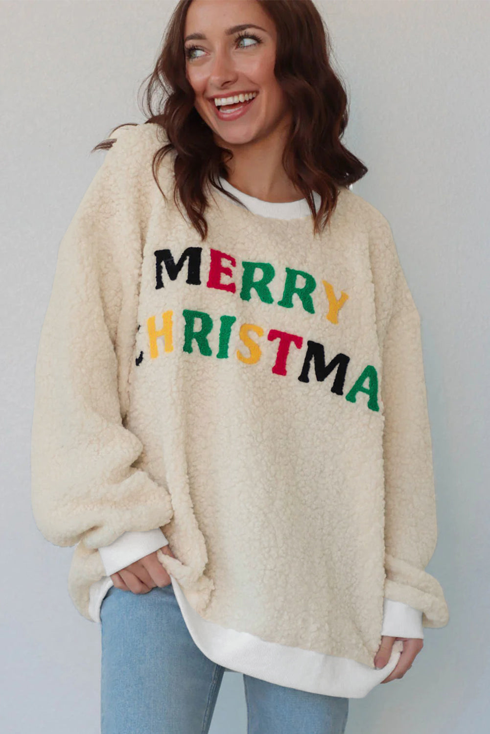 Dear-Lover White Sherpa Sweatshirt Women's Christmas Embroidered Pullover - Soft & Casual Dear-Lover Dropshipping
