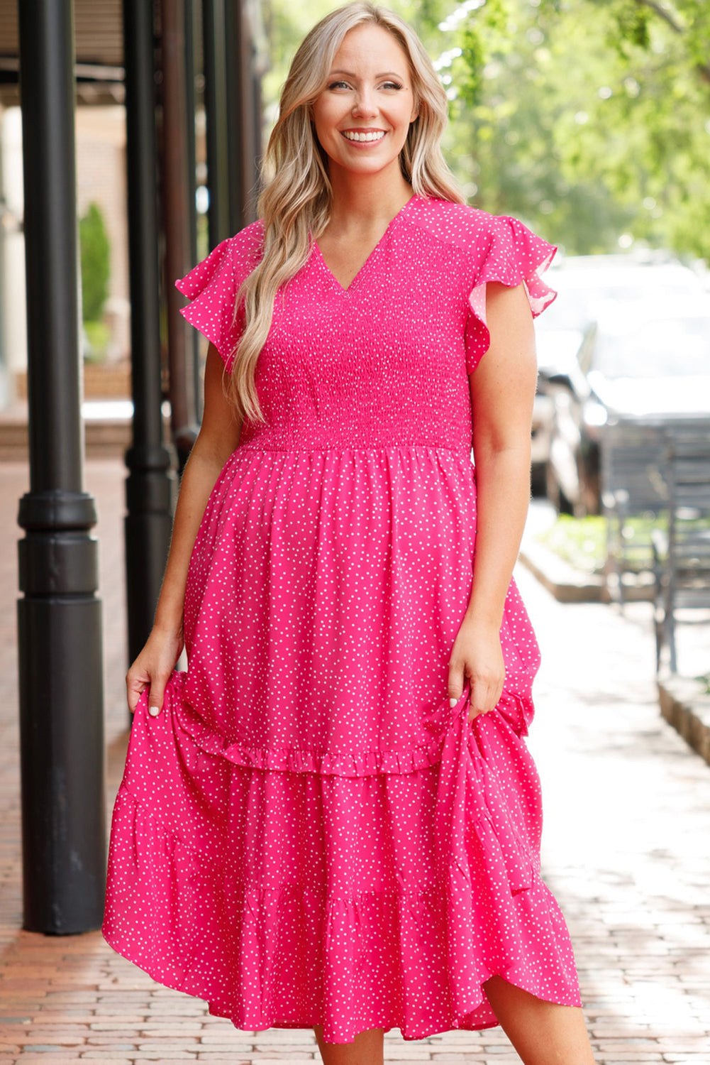 Rose Polka Dot Print Ruffled Smocked Plus Size Midi Dress Dear-Lover Dropshipping