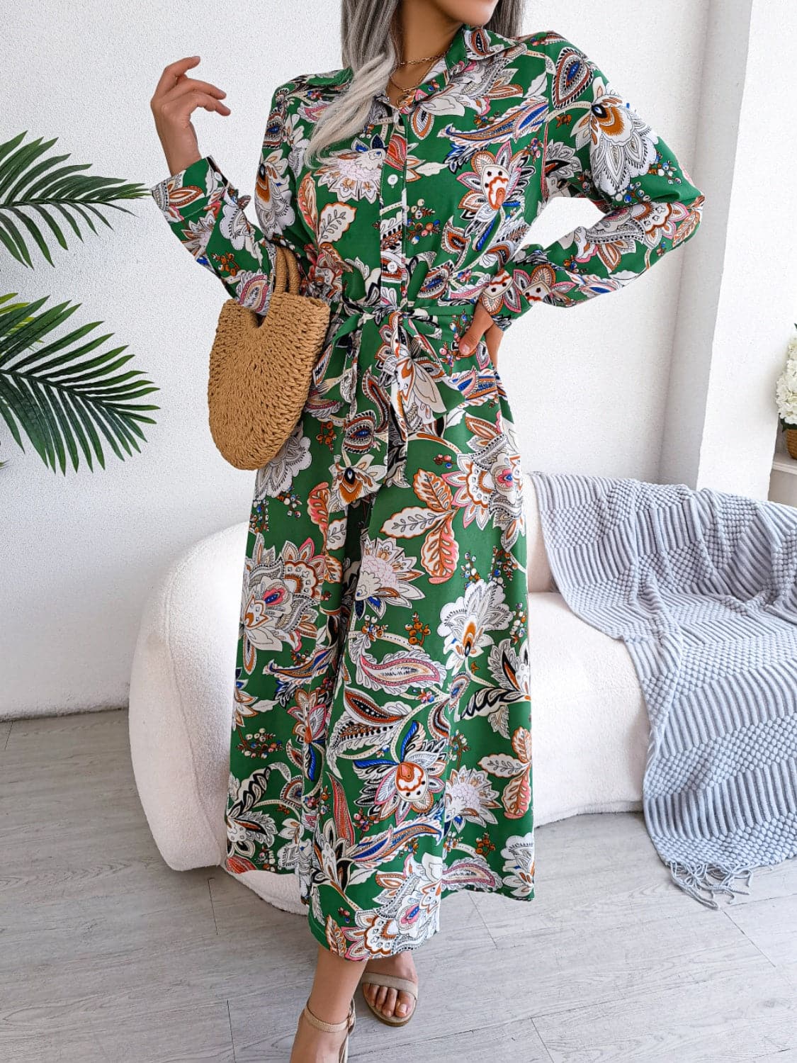 Tied Printed Long Sleeve Midi Dress.