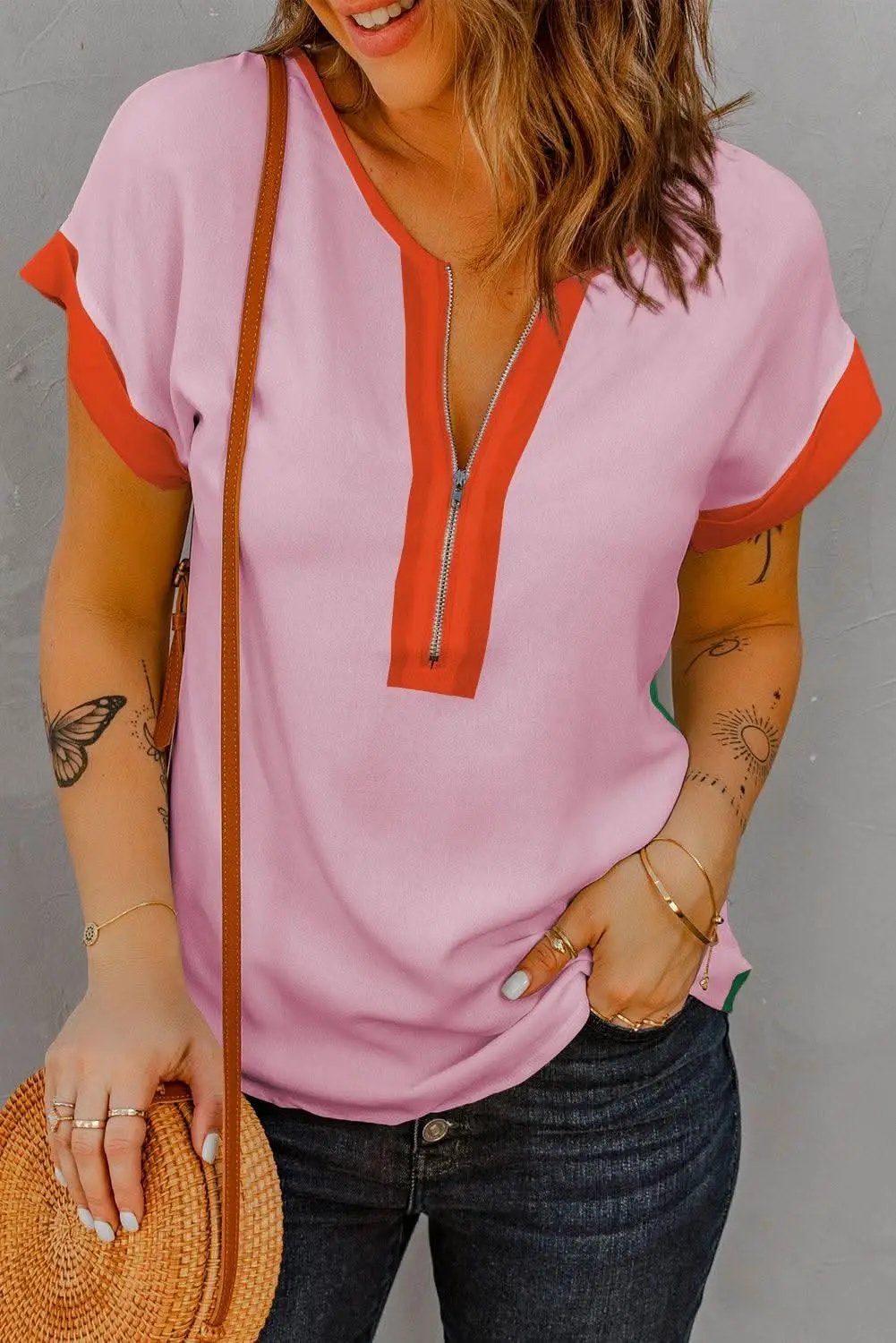 Rose Red Contrast Trim Color Block Front Zipped T Shirt - Love Salve 