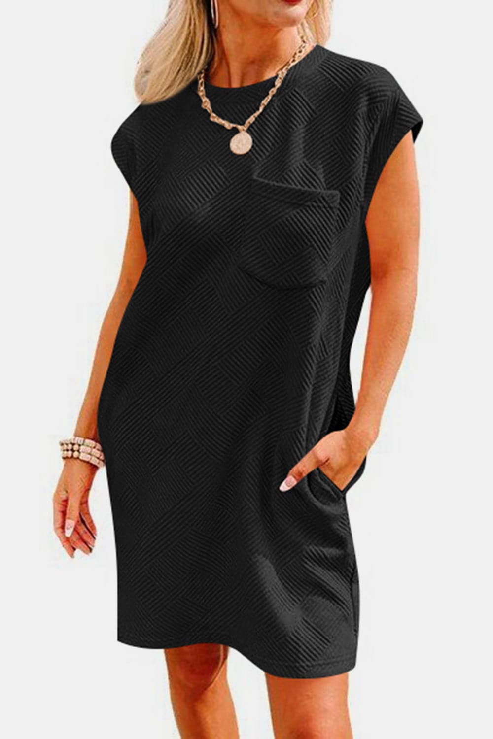 Textured Round Neck Cap Sleeve Dress.