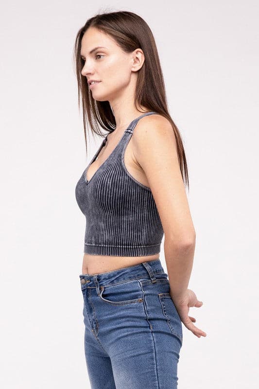 Washed Ribbed Cropped V-Neck Tank Top.