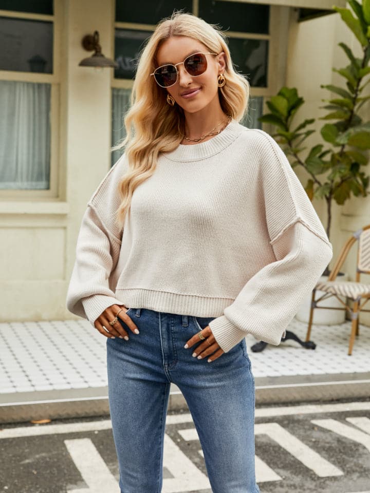 Round Neck Lantern Sleeve Sweater.