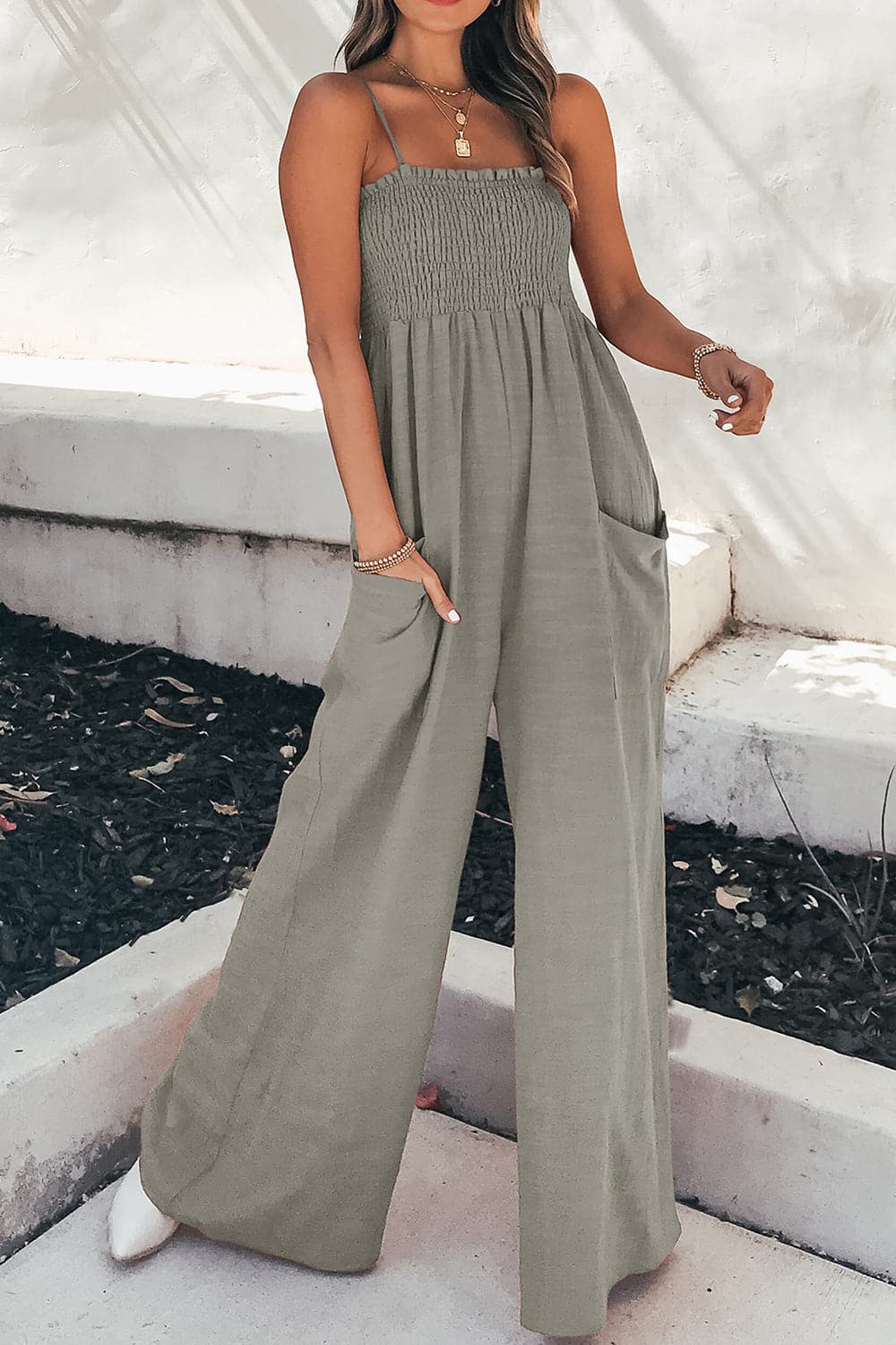 Smocked Spaghetti Strap Wide Leg Jumpsuit.