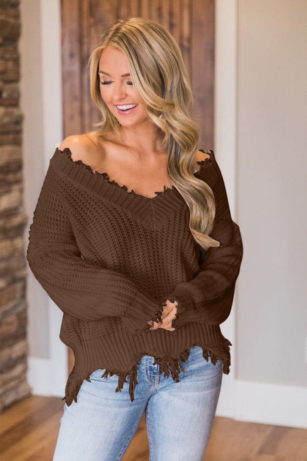 Frayed Hem Dropped Shoulder Sweater.