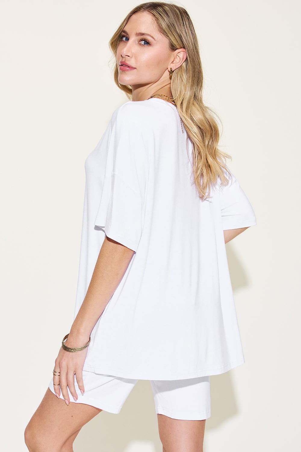 Basic Bae Full Size V-Neck Drop Shoulder T-Shirt and Shorts Set.