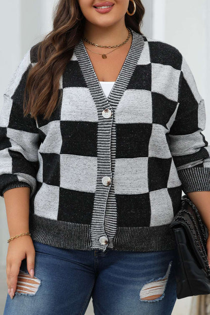 Chic black plaid cardigan, V-neck