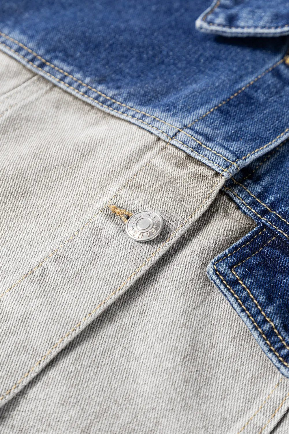 Dusk Blue Color Block Patchwork Flap Detail Distress Denim Jacket Love Salve