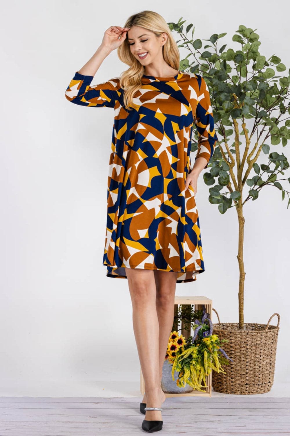 Celeste Full Size Geometric Round Neck Dress with Pockets.