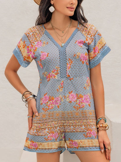 Printed V-Neck Short Sleeve Romper.