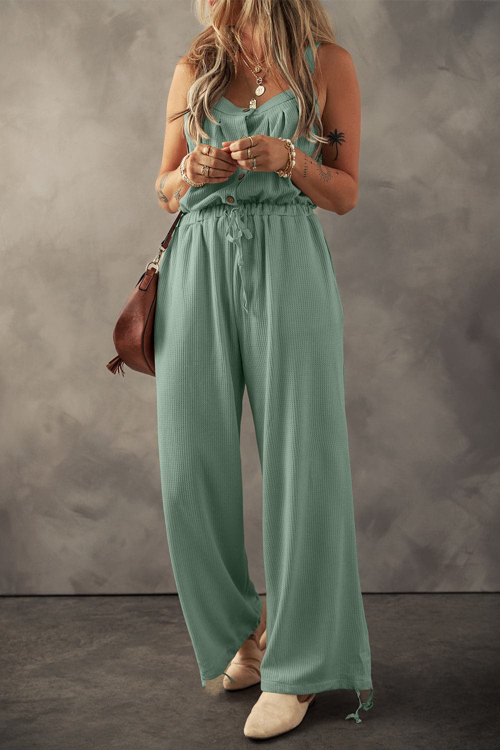 Drawstring Wide Strap Wide Leg Overalls.