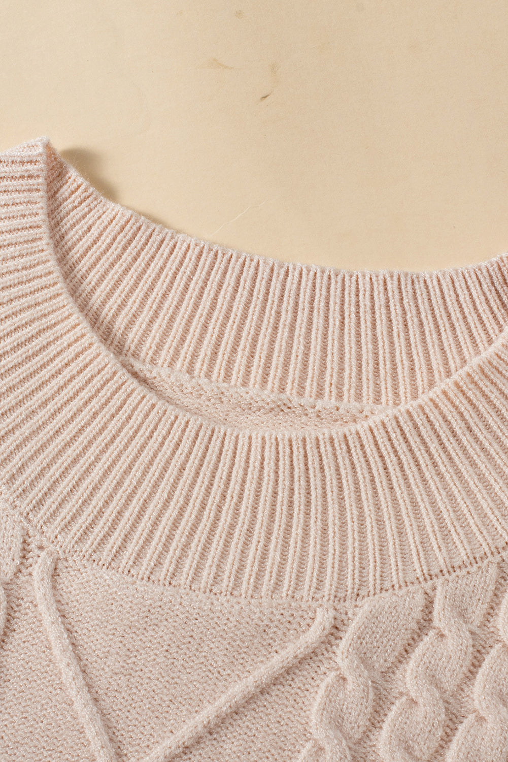 Chic oatmeal cable knit mock neck sweater with ruffled sleeves